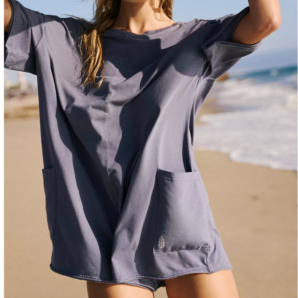 NWT Free People Movement Hot Shot Tee Romper Women's Size S Blue Indigo